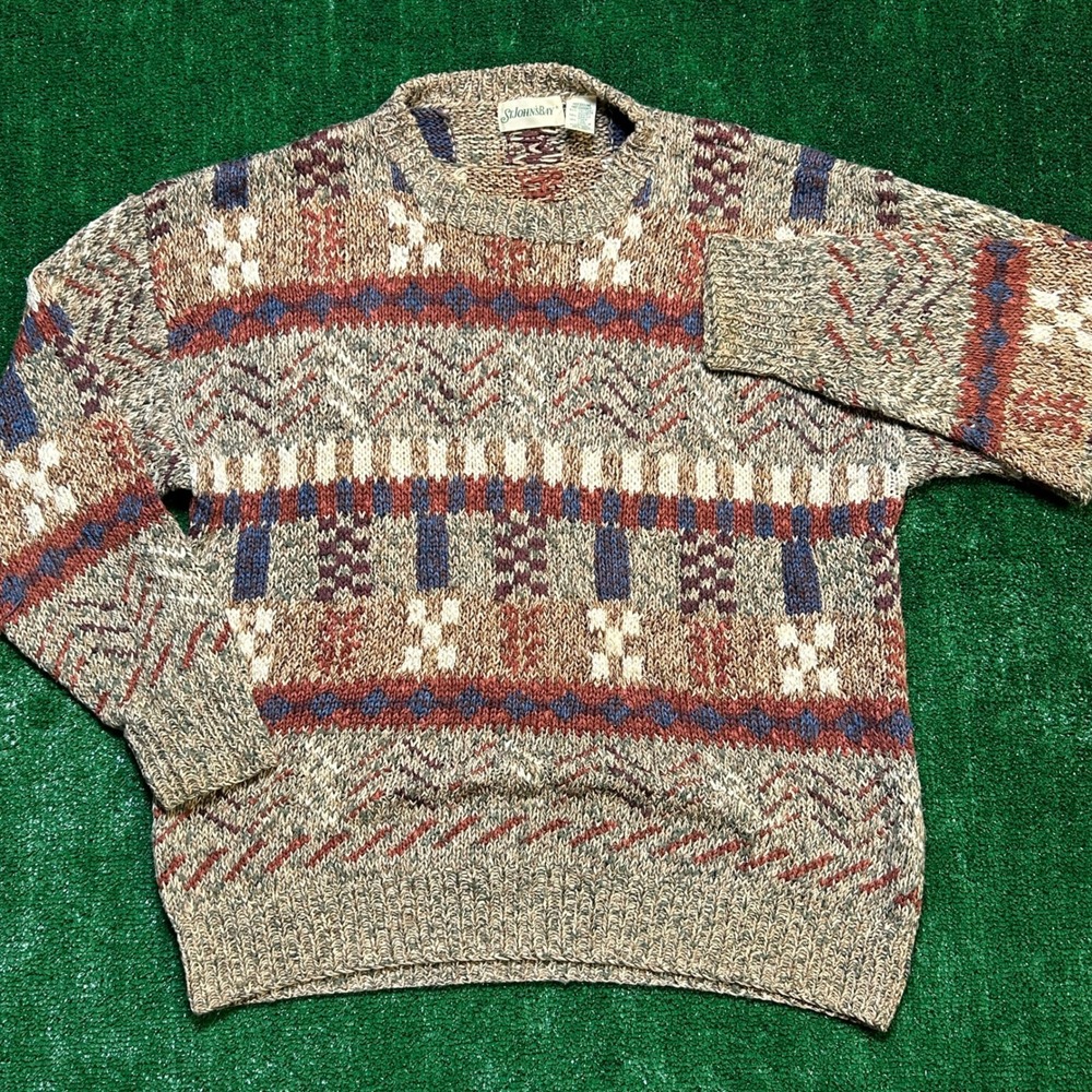 Vintage 80s St Johns Bay Mens Sweater Medium Multi Geometric Grandpa